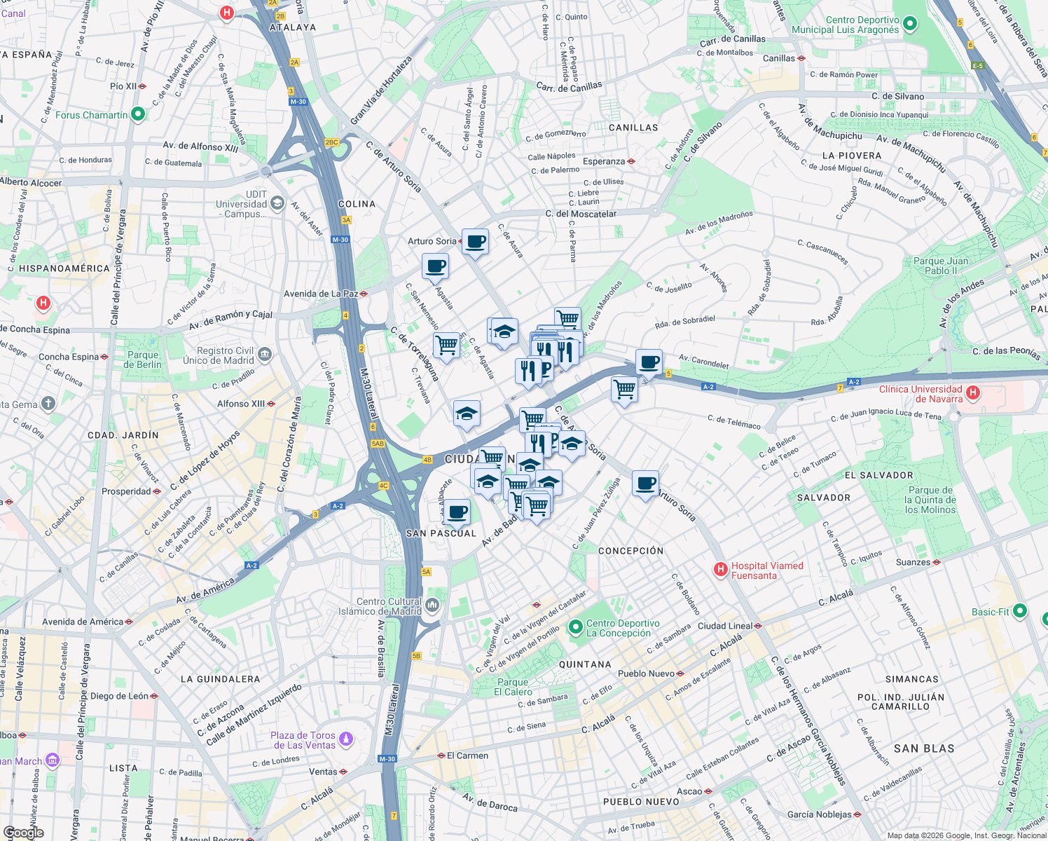 map of restaurants, bars, coffee shops, grocery stores, and more near 80 Avenida de América in Madrid