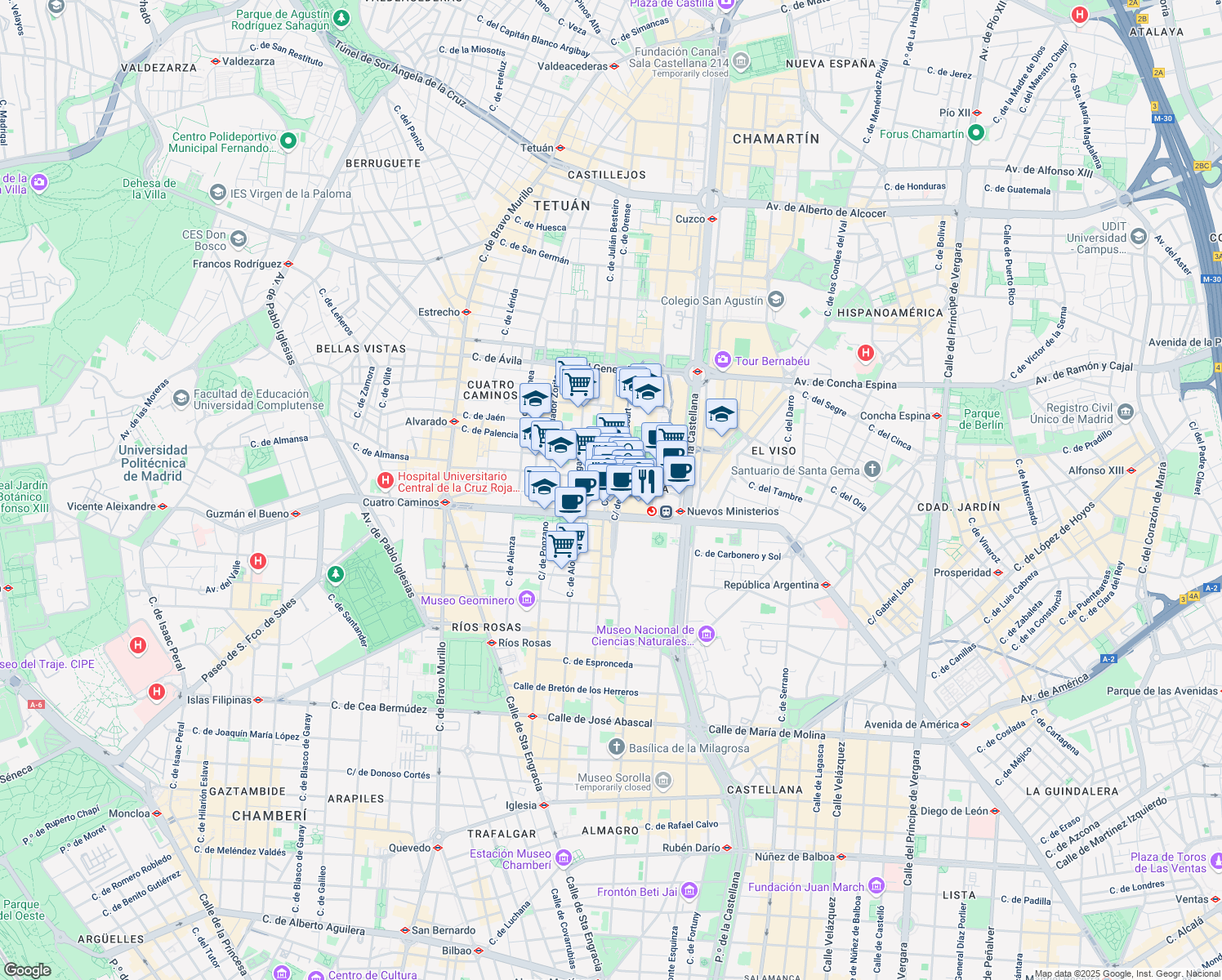 map of restaurants, bars, coffee shops, grocery stores, and more near 4 Calle de Orense in Madrid