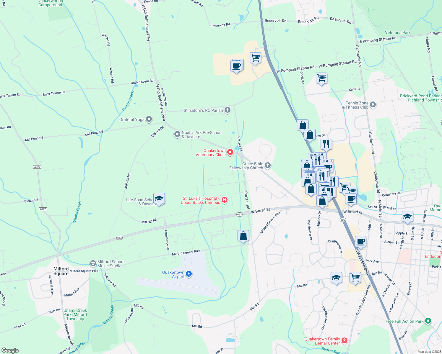 map of restaurants, bars, coffee shops, grocery stores, and more near 2352 Blackledge Dr in Quakertown