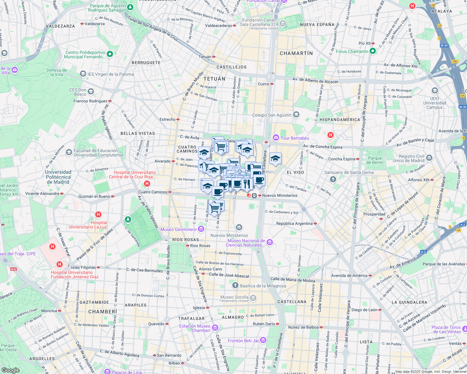 map of restaurants, bars, coffee shops, grocery stores, and more near 4 Calle de Orense in Madrid