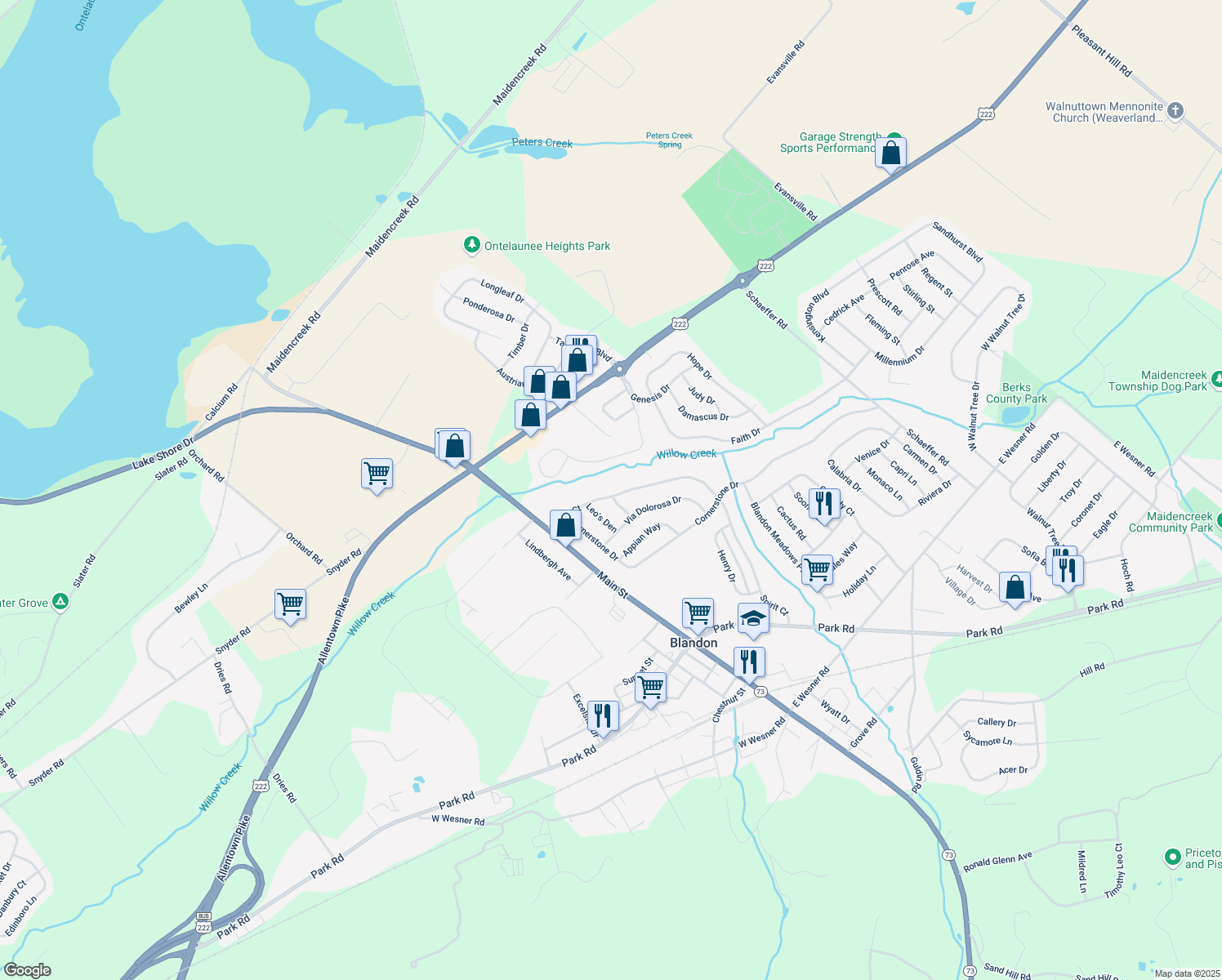 map of restaurants, bars, coffee shops, grocery stores, and more near 81 Spirit Court in Blandon