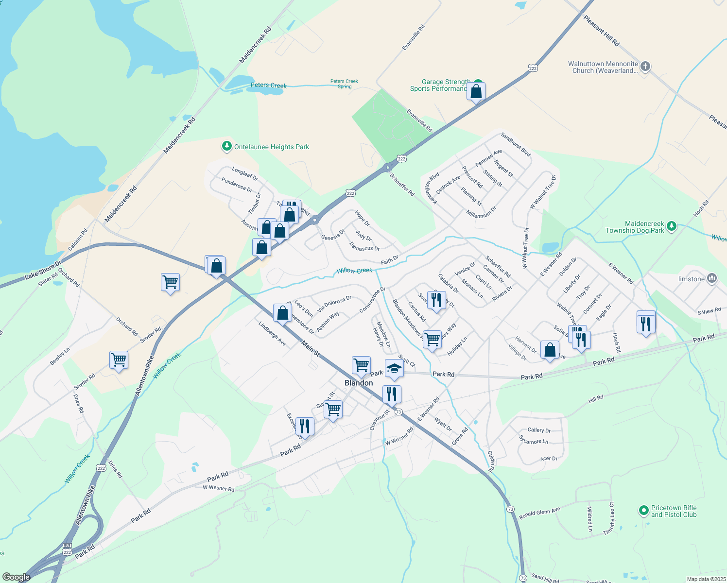map of restaurants, bars, coffee shops, grocery stores, and more near 138 Spirit Ct in Blandon