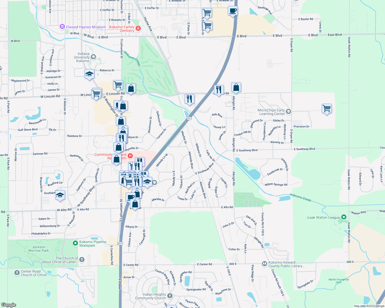map of restaurants, bars, coffee shops, grocery stores, and more near 3103 Alameda Blvd in Kokomo