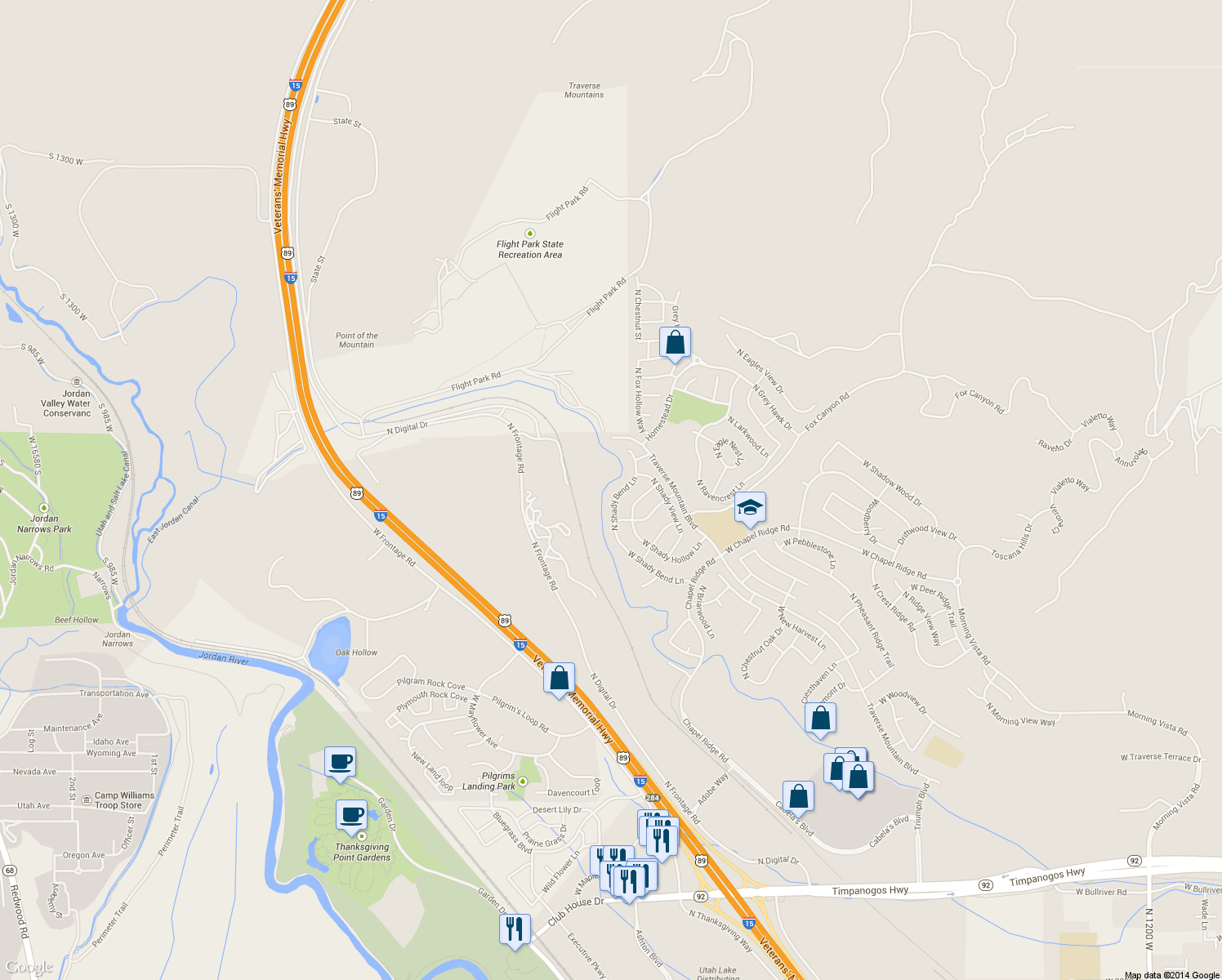 map of restaurants, bars, coffee shops, grocery stores, and more near 4863 North Shady Bend Lane in Lehi