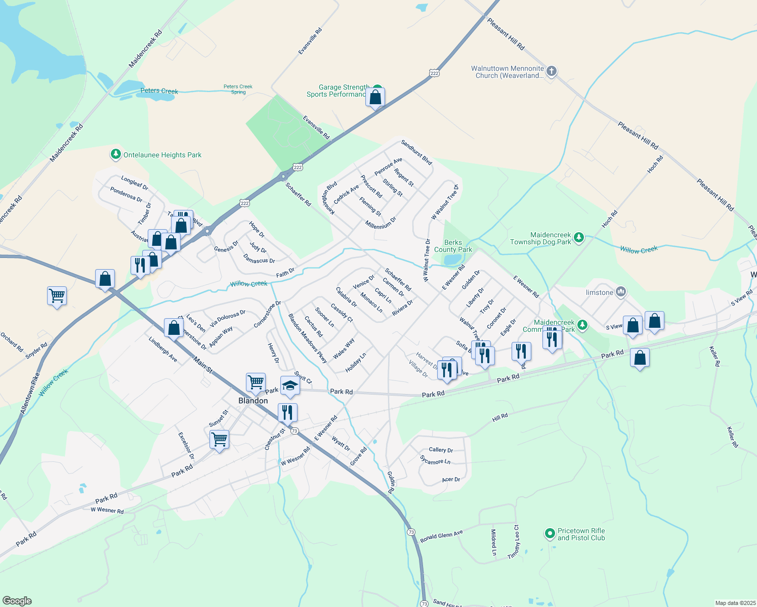map of restaurants, bars, coffee shops, grocery stores, and more near 315 Monaco Lane in Blandon