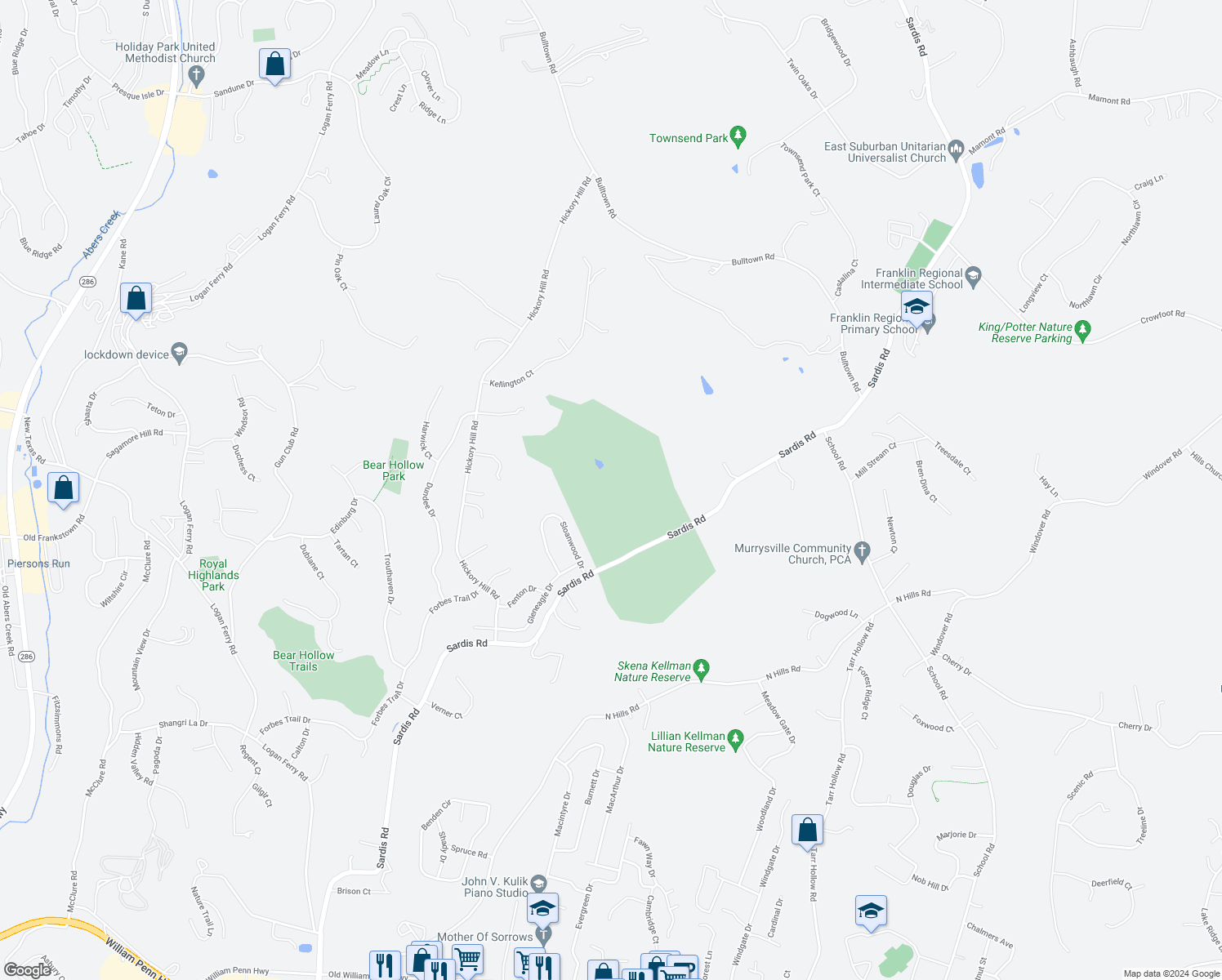map of restaurants, bars, coffee shops, grocery stores, and more near 3804 Sardis Road in Murrysville