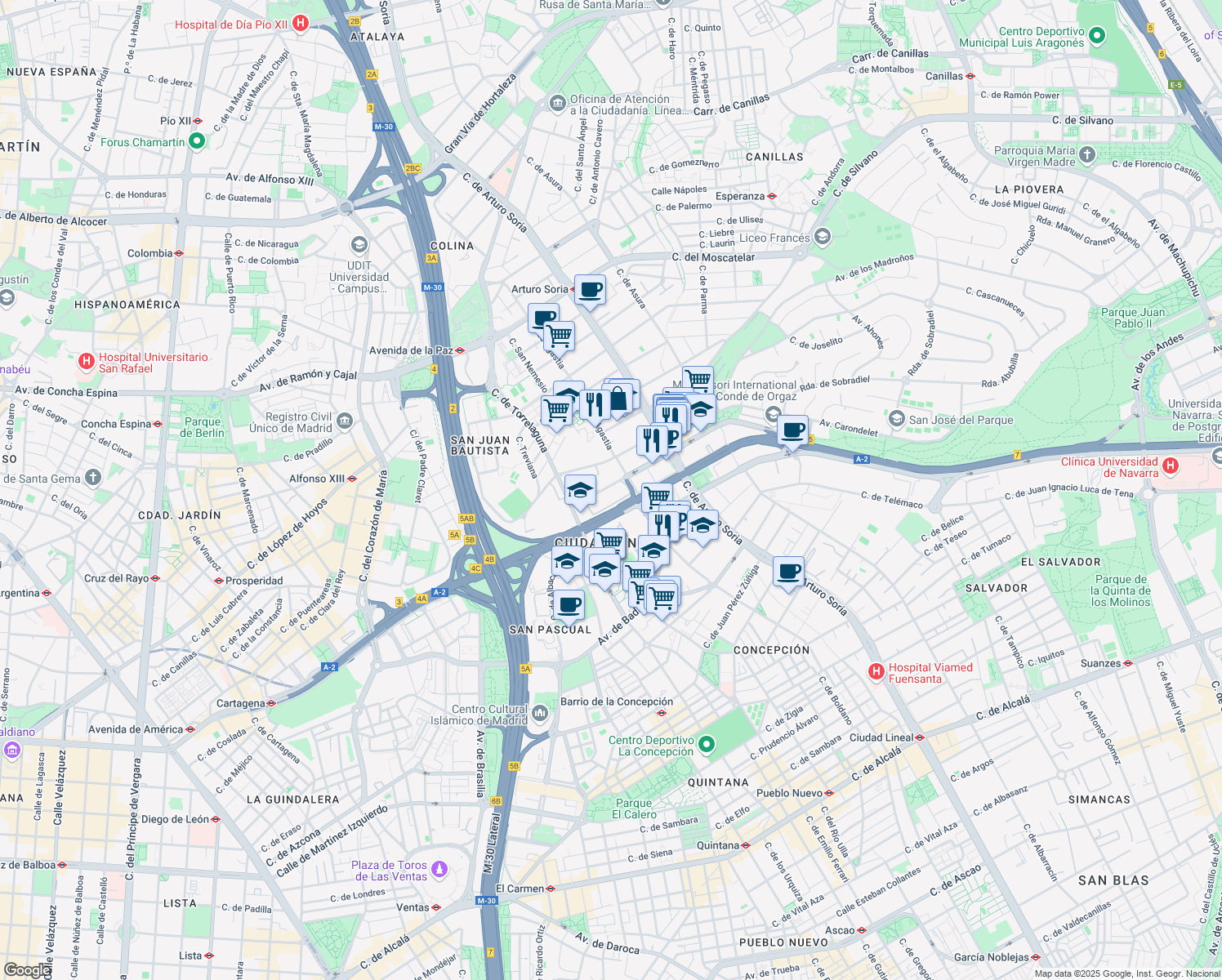 map of restaurants, bars, coffee shops, grocery stores, and more near 6 Calle de Emilio Vargas in Madrid