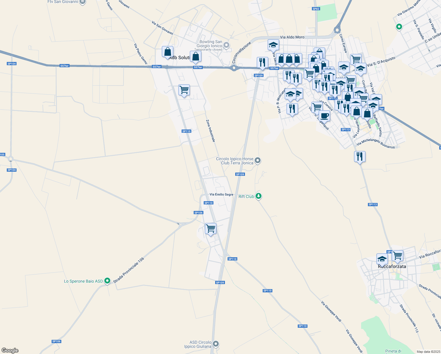 map of restaurants, bars, coffee shops, grocery stores, and more near 6 Via Augusto Righi in Provincia di Taranto