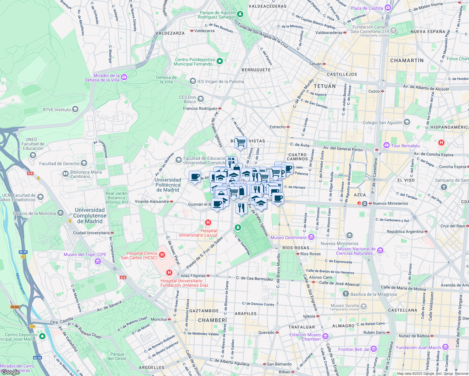 map of restaurants, bars, coffee shops, grocery stores, and more near 5 Calle Vivero in Madrid
