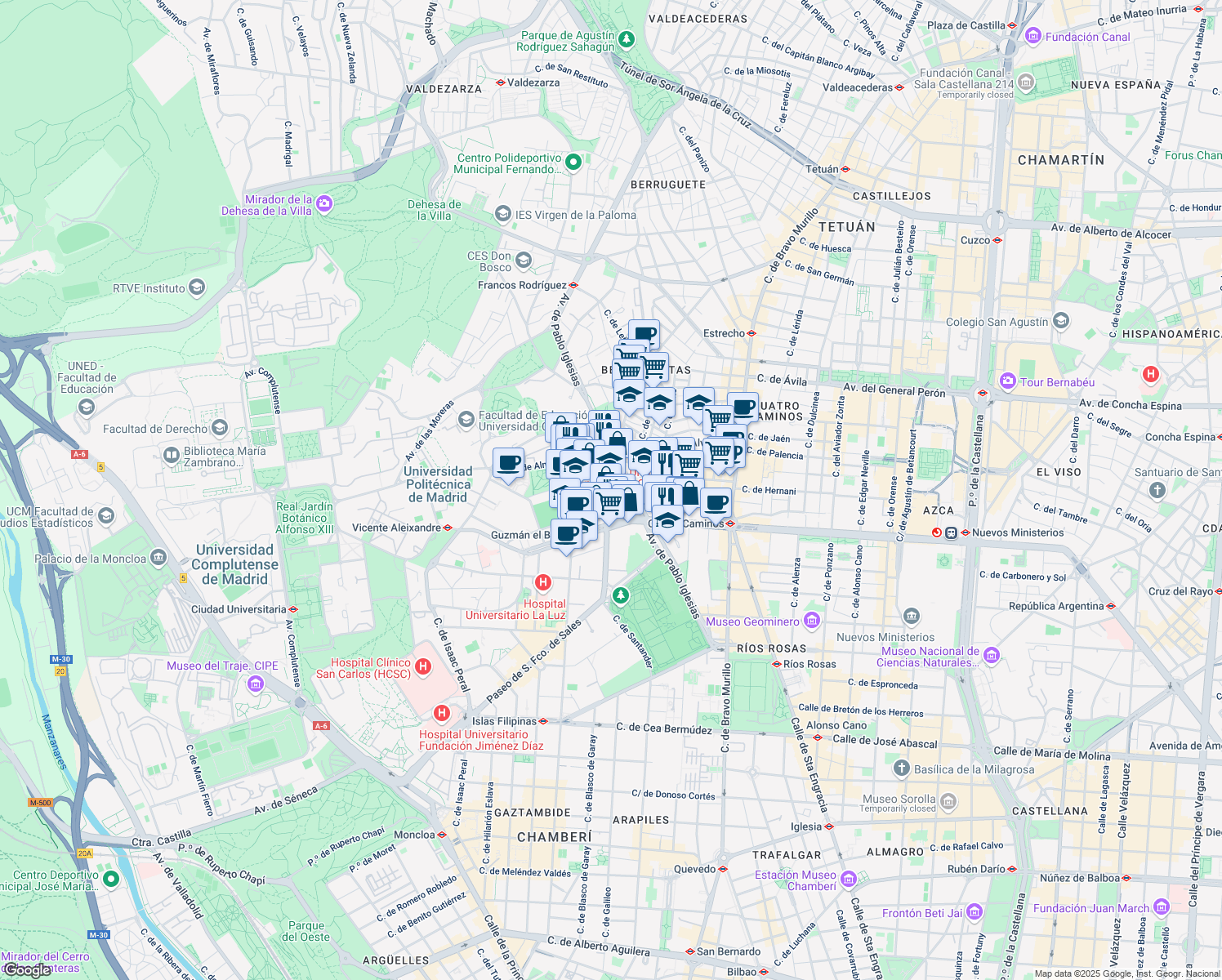 map of restaurants, bars, coffee shops, grocery stores, and more near 5 Calle Vivero in Madrid