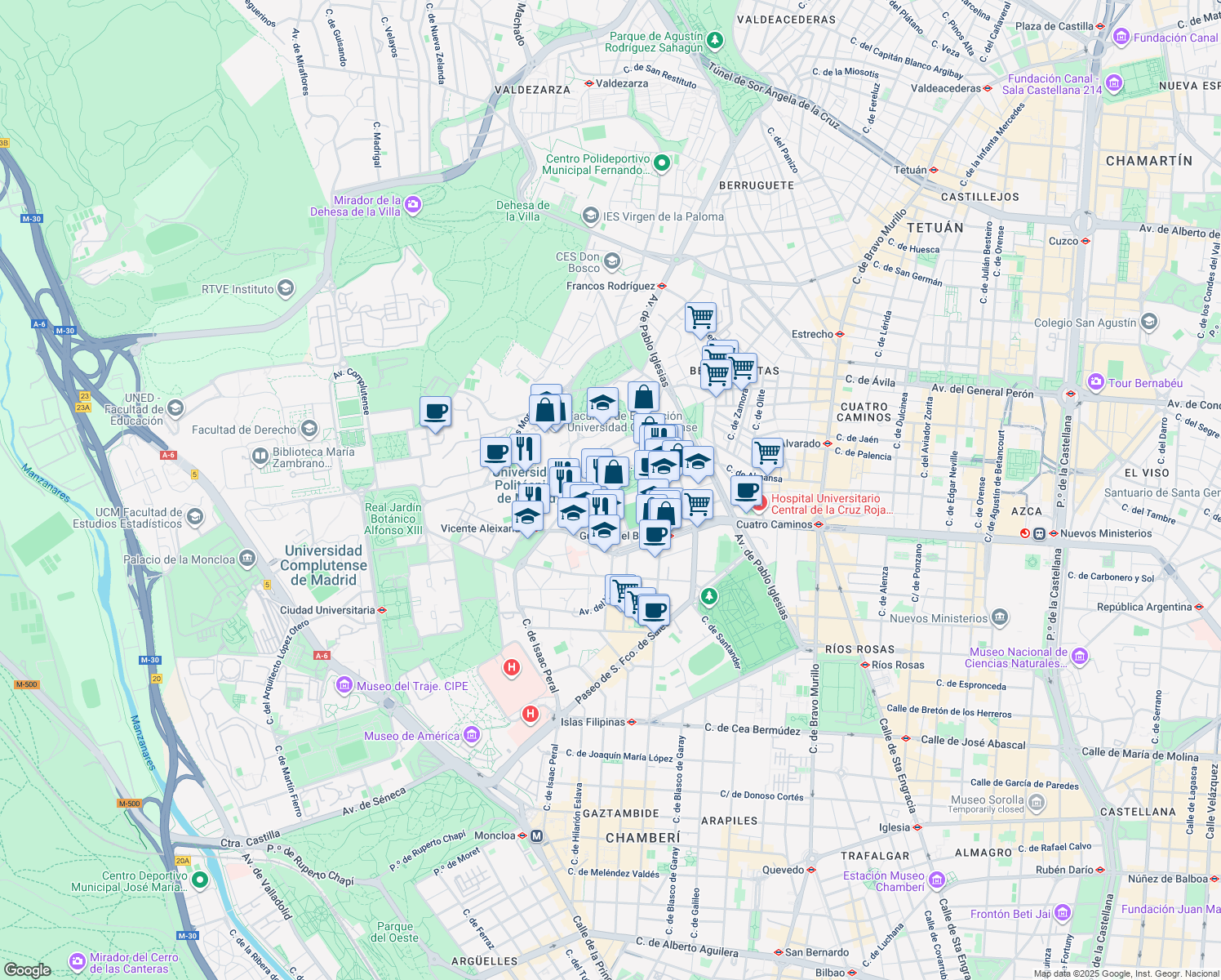 map of restaurants, bars, coffee shops, grocery stores, and more near 14 Calle de Beatriz de Bobadilla in Madrid
