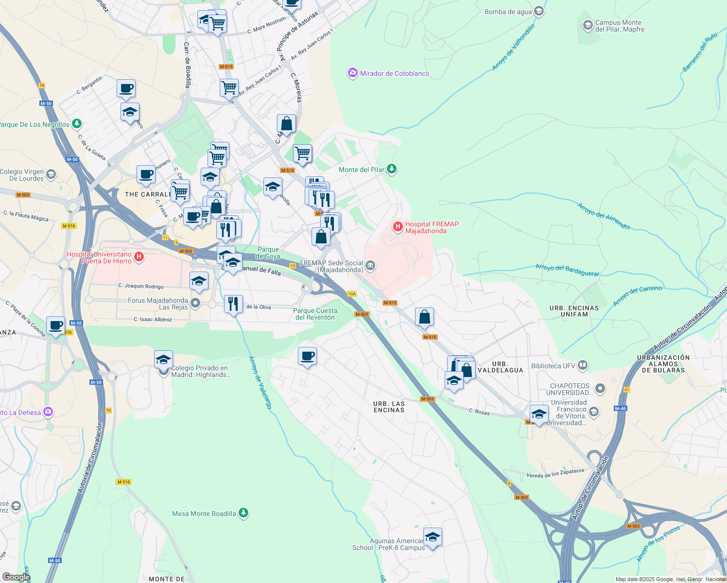 map of restaurants, bars, coffee shops, grocery stores, and more near 52 Carretera de Pozuelo in Majadahonda