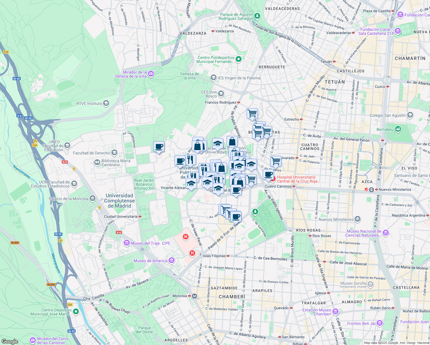 map of restaurants, bars, coffee shops, grocery stores, and more near 18 Calle de Beatriz de Bobadilla in Madrid