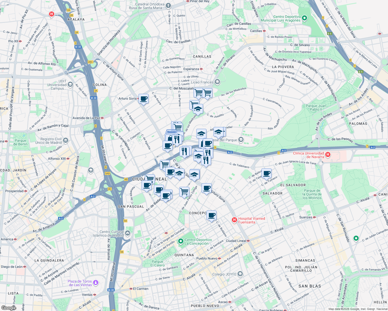 map of restaurants, bars, coffee shops, grocery stores, and more near 20 Calle de Josefa Valcárcel in Madrid