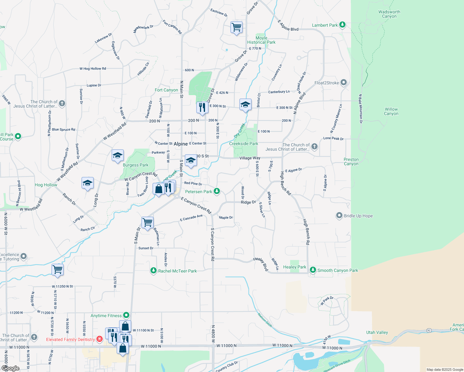 map of restaurants, bars, coffee shops, grocery stores, and more near 415 Silver Leaf Dr in Alpine