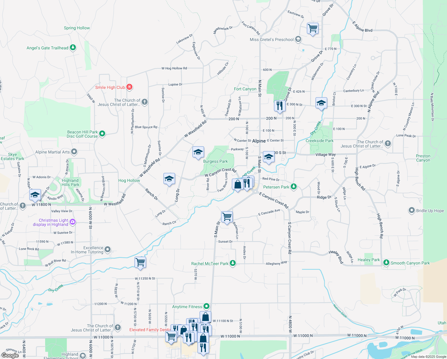 map of restaurants, bars, coffee shops, grocery stores, and more near 284 Twin River Loop in Alpine