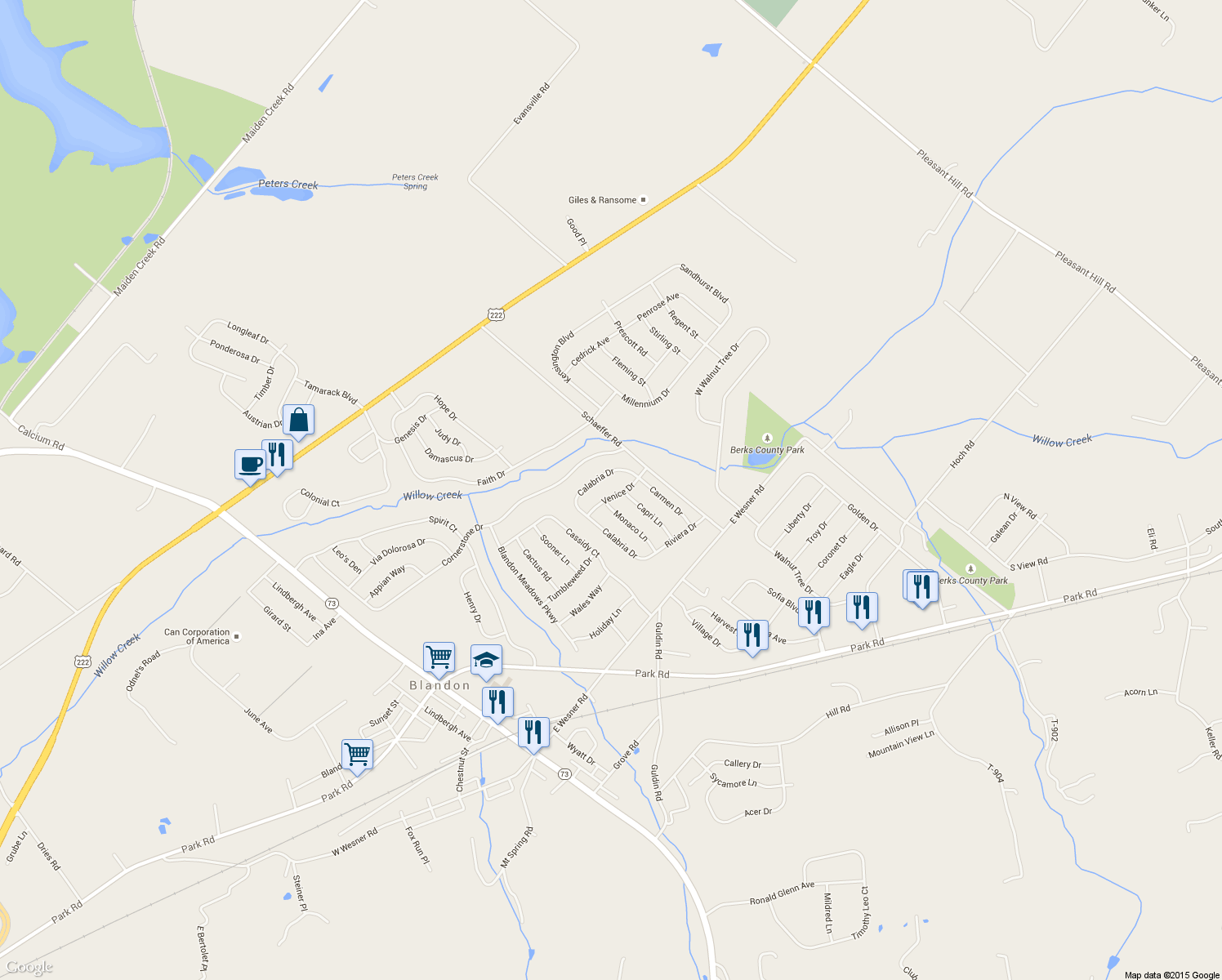 map of restaurants, bars, coffee shops, grocery stores, and more near 512 Venice Dr in Blandon