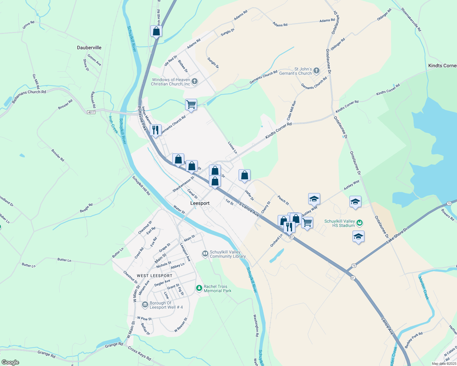 map of restaurants, bars, coffee shops, grocery stores, and more near 64 Hafer Drive in Leesport