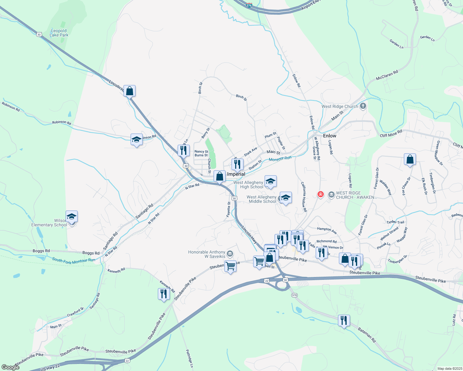 map of restaurants, bars, coffee shops, grocery stores, and more near 390 U.S. 30 in Imperial