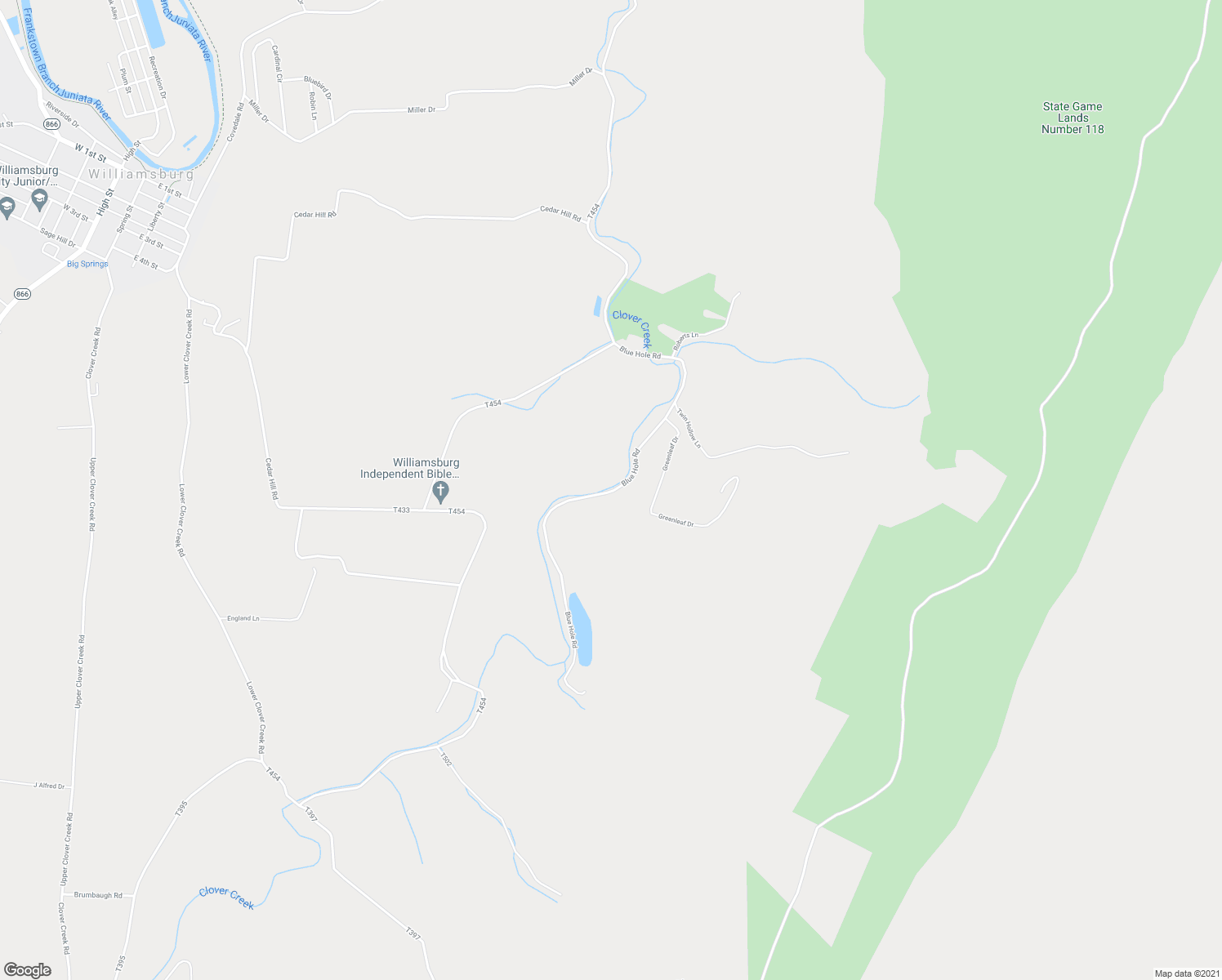 map of restaurants, bars, coffee shops, grocery stores, and more near Blue Hole Rd in Williamsburg