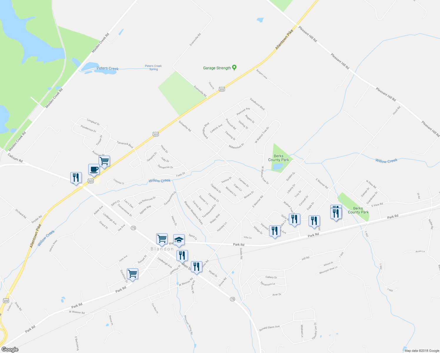 map of restaurants, bars, coffee shops, grocery stores, and more near 511 Calabria Drive in Blandon