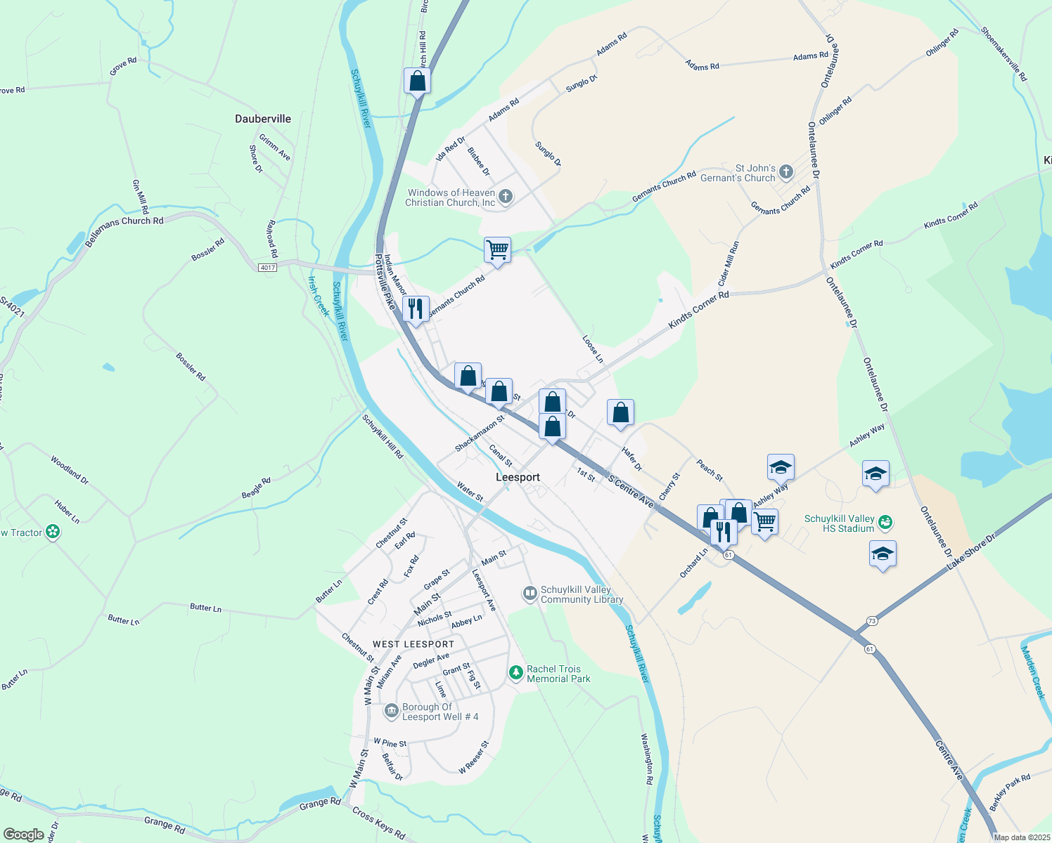 map of restaurants, bars, coffee shops, grocery stores, and more near 0 Pennsylvania 61 in Leesport