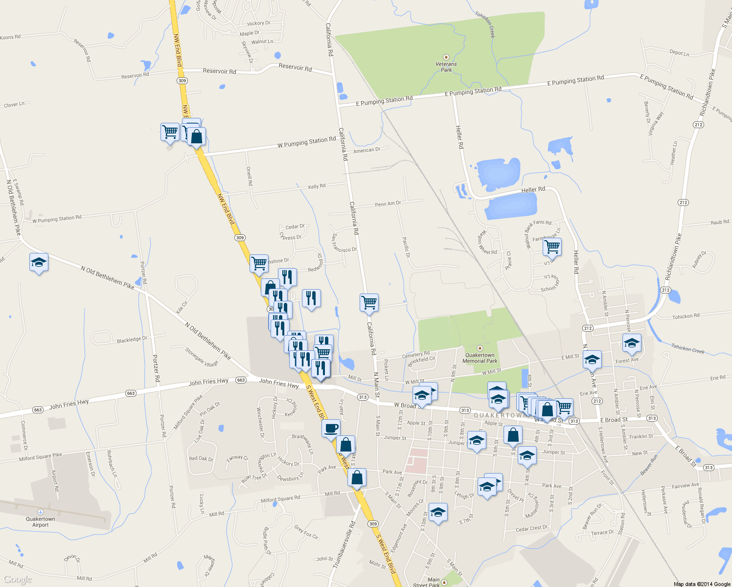 map of restaurants, bars, coffee shops, grocery stores, and more near 297 California Road in Quakertown