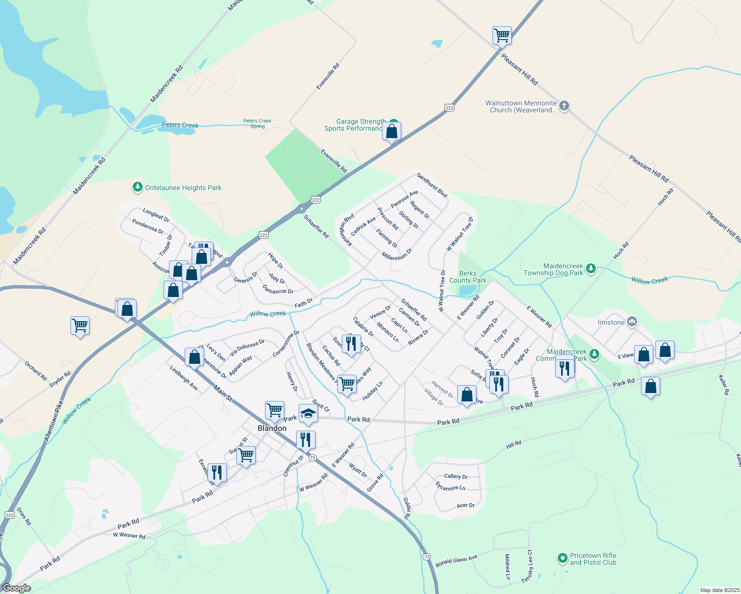 map of restaurants, bars, coffee shops, grocery stores, and more near 508 Calabria Drive in Blandon