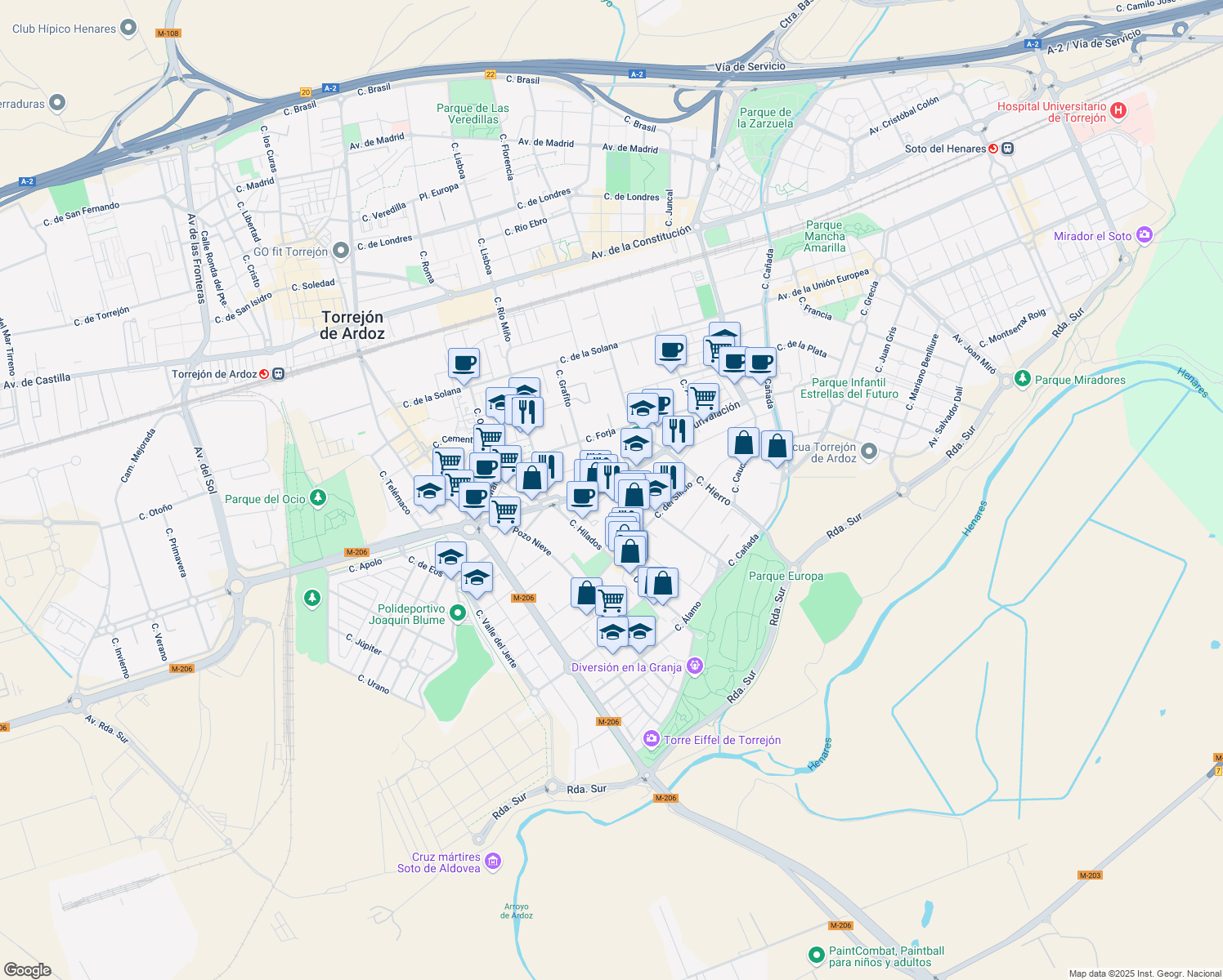 map of restaurants, bars, coffee shops, grocery stores, and more near 28 Calle Circunvalación in Torrejón de Ardoz
