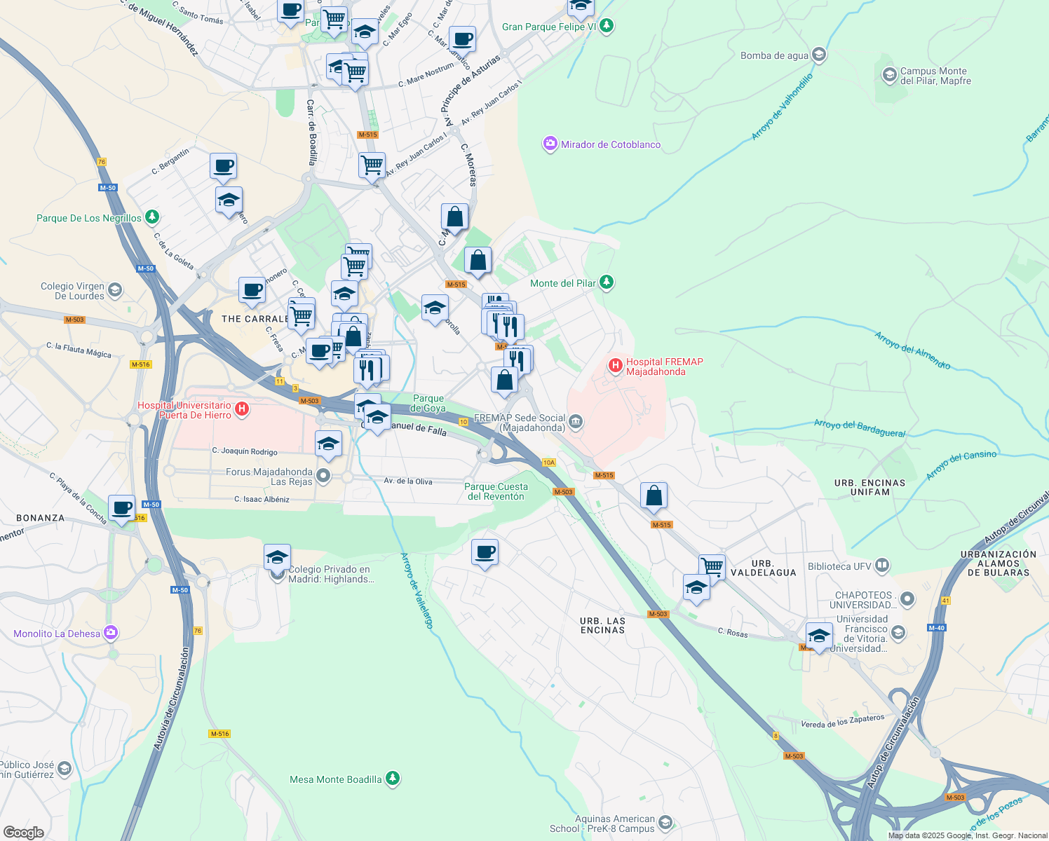 map of restaurants, bars, coffee shops, grocery stores, and more near 50 Carretera de Pozuelo in Majadahonda