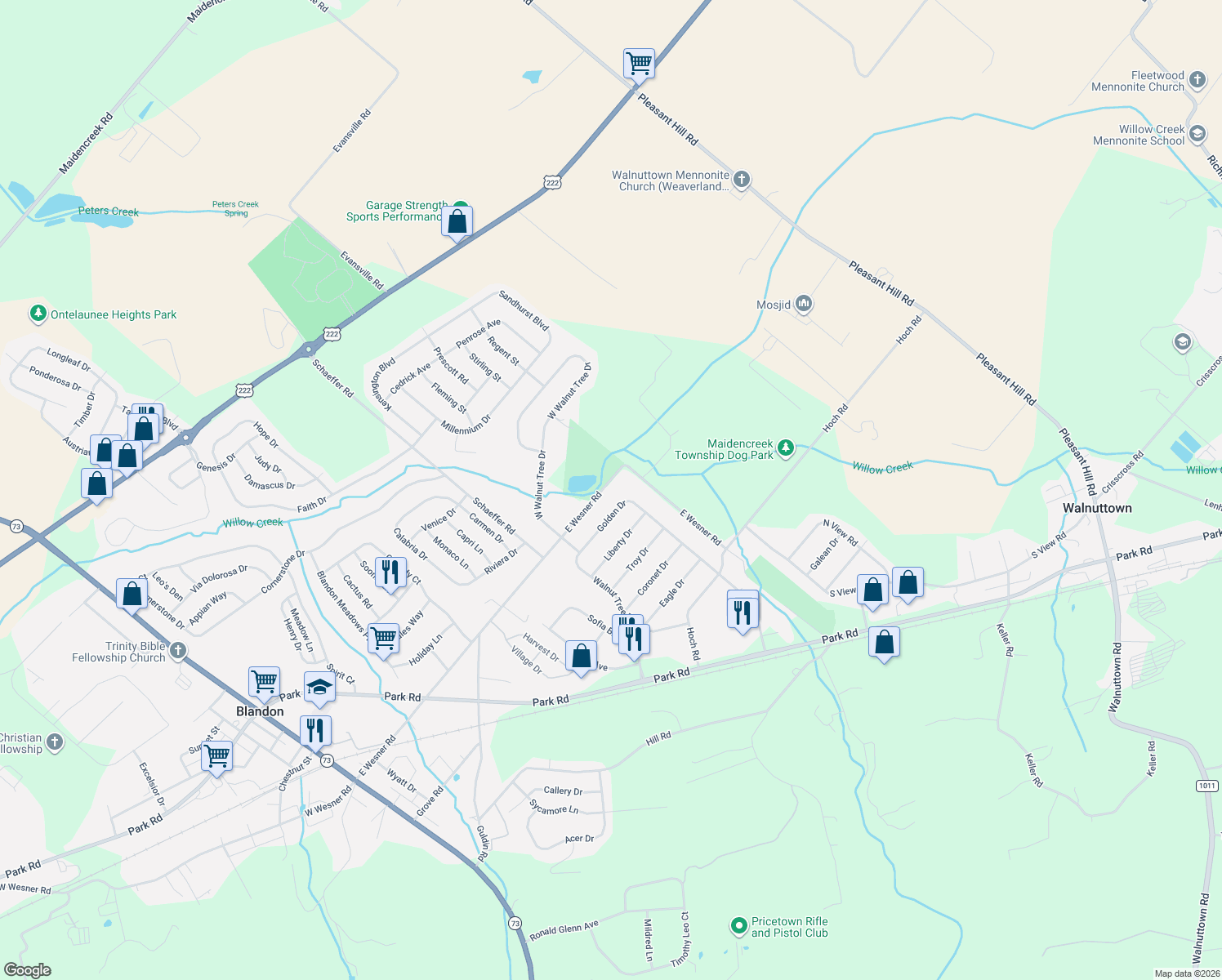 map of restaurants, bars, coffee shops, grocery stores, and more near 447 East Wesner Road in Blandon