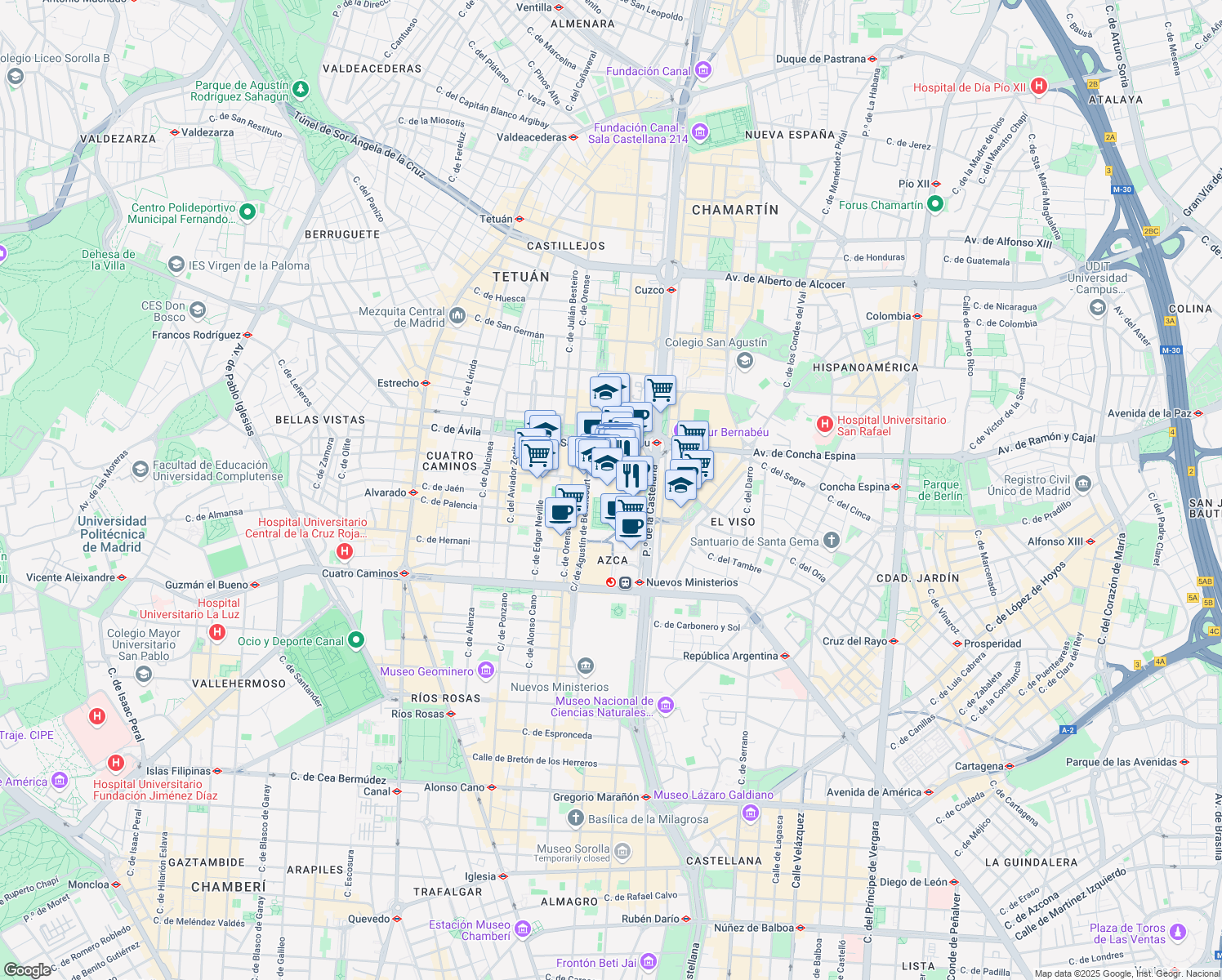 map of restaurants, bars, coffee shops, grocery stores, and more near 1 Plaza Pablo Ruiz Picasso in Madrid