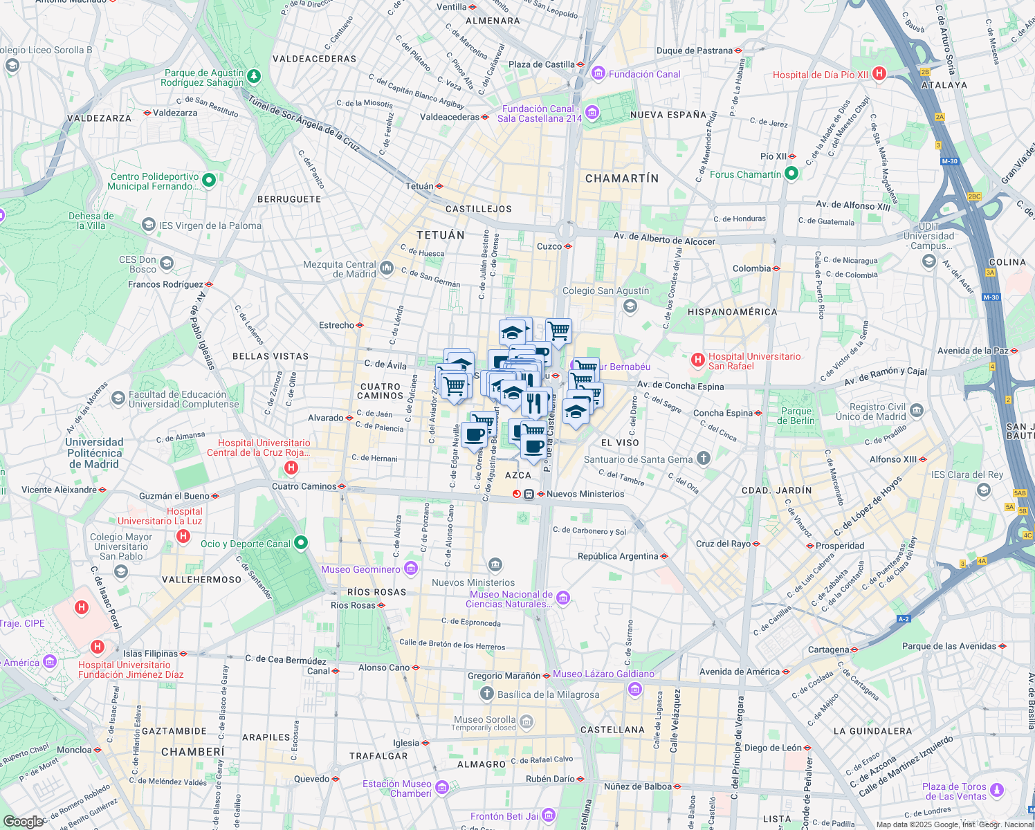 map of restaurants, bars, coffee shops, grocery stores, and more near 1 Plaza Pablo Ruiz Picasso in Madrid