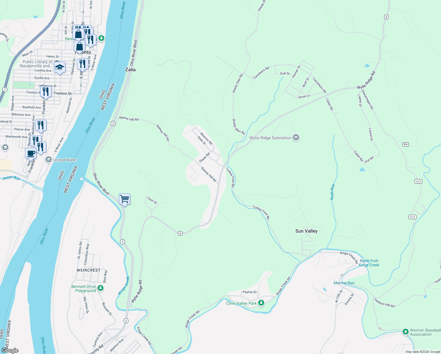 map of restaurants, bars, coffee shops, grocery stores, and more near 1604 County Highway 9 in New Cumberland