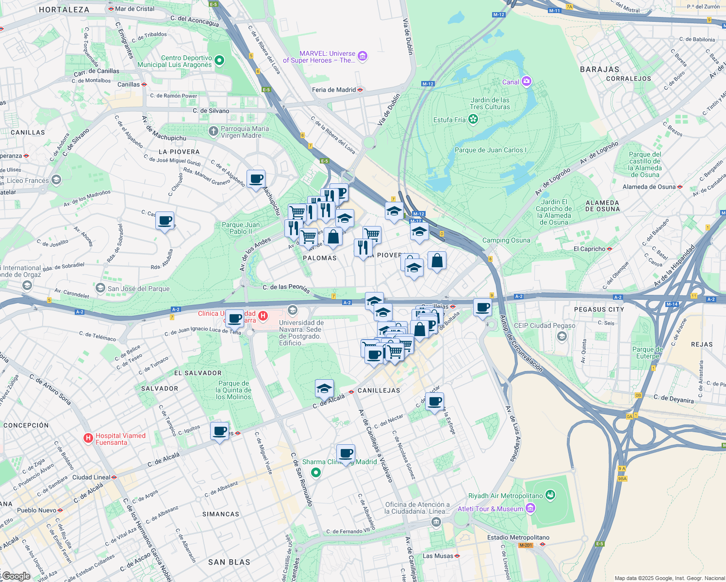 map of restaurants, bars, coffee shops, grocery stores, and more near 12 Calle de las Peonías in Madrid
