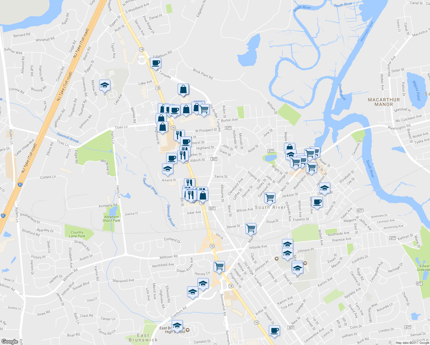 map of restaurants, bars, coffee shops, grocery stores, and more near 410 Old Bridge Turnpike in South River
