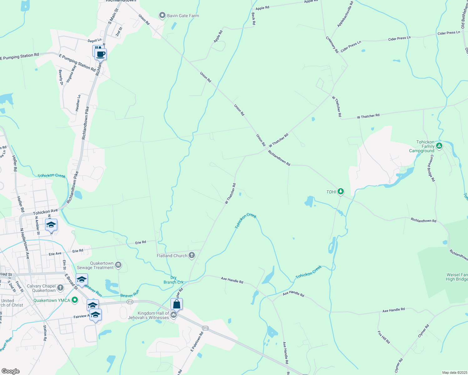map of restaurants, bars, coffee shops, grocery stores, and more near 290 W Thatcher Rd in Quakertown