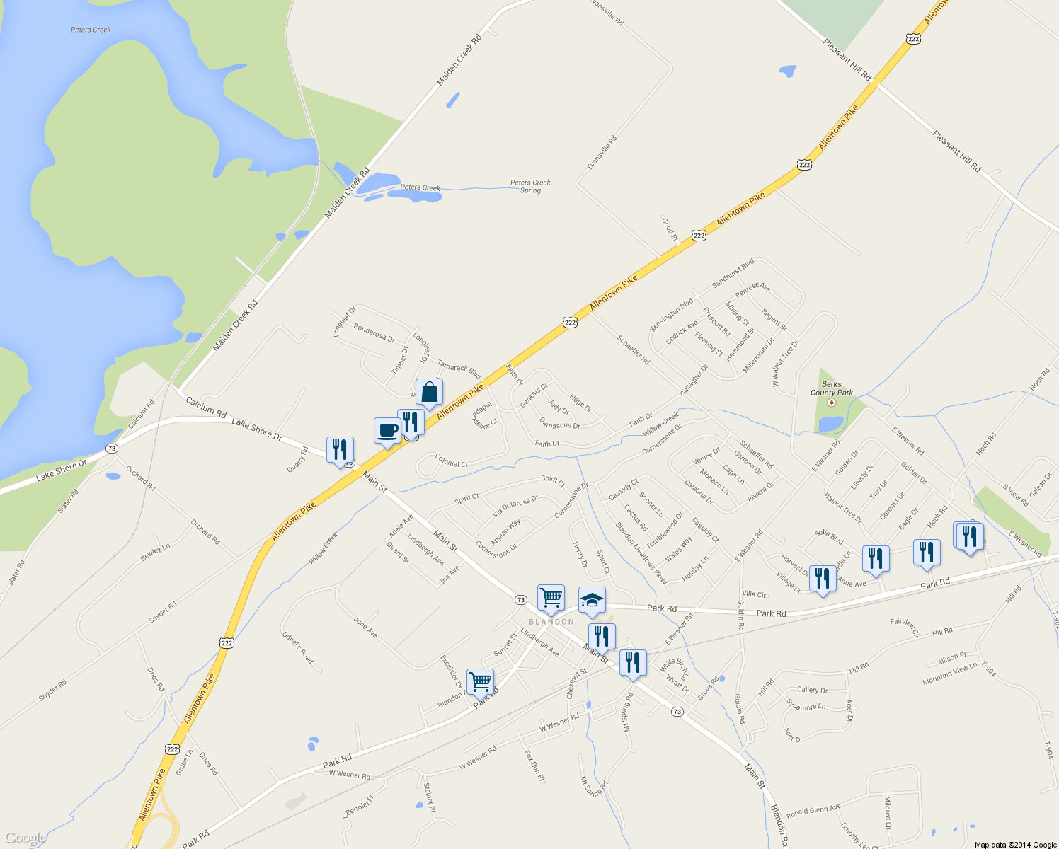 map of restaurants, bars, coffee shops, grocery stores, and more near 193 Faith Drive in Blandon