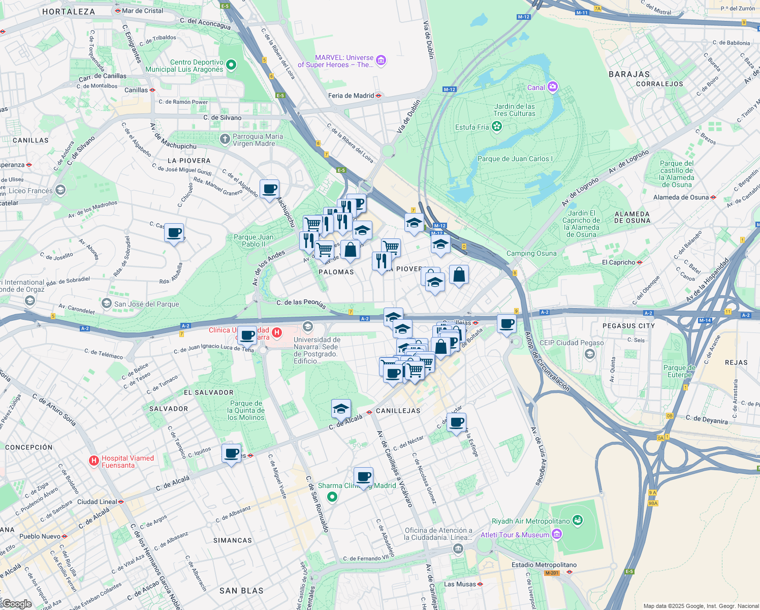 map of restaurants, bars, coffee shops, grocery stores, and more near 12 Calle de las Peonías in Madrid
