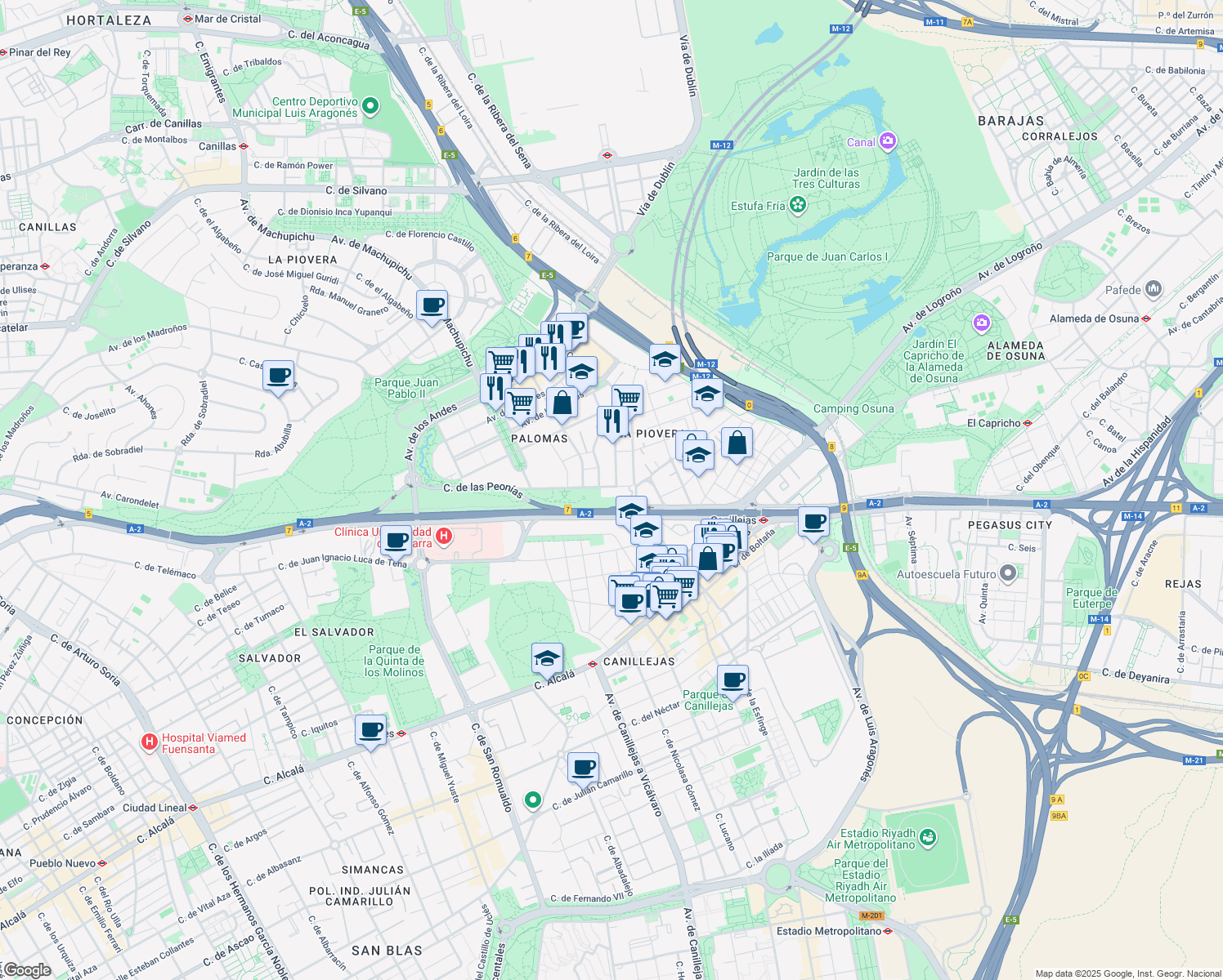 map of restaurants, bars, coffee shops, grocery stores, and more near 12 Calle de las Peonías in Madrid