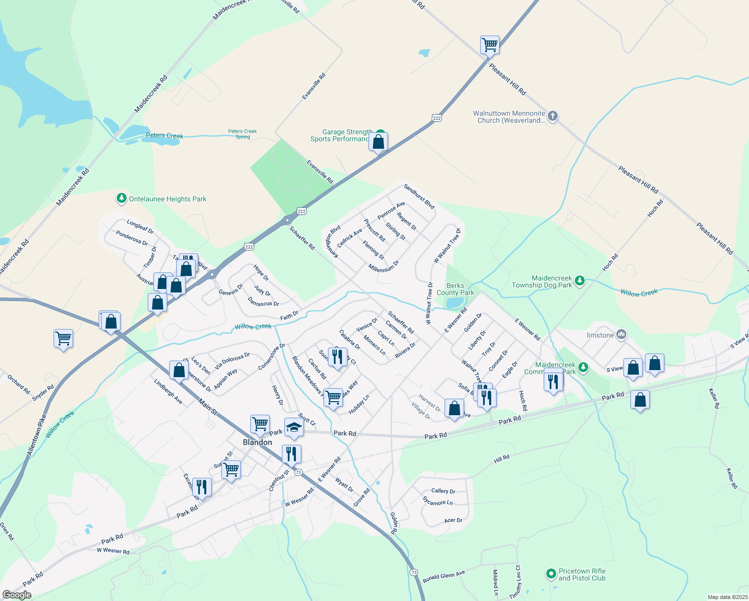 map of restaurants, bars, coffee shops, grocery stores, and more near 335 Schaeffer Road in Blandon