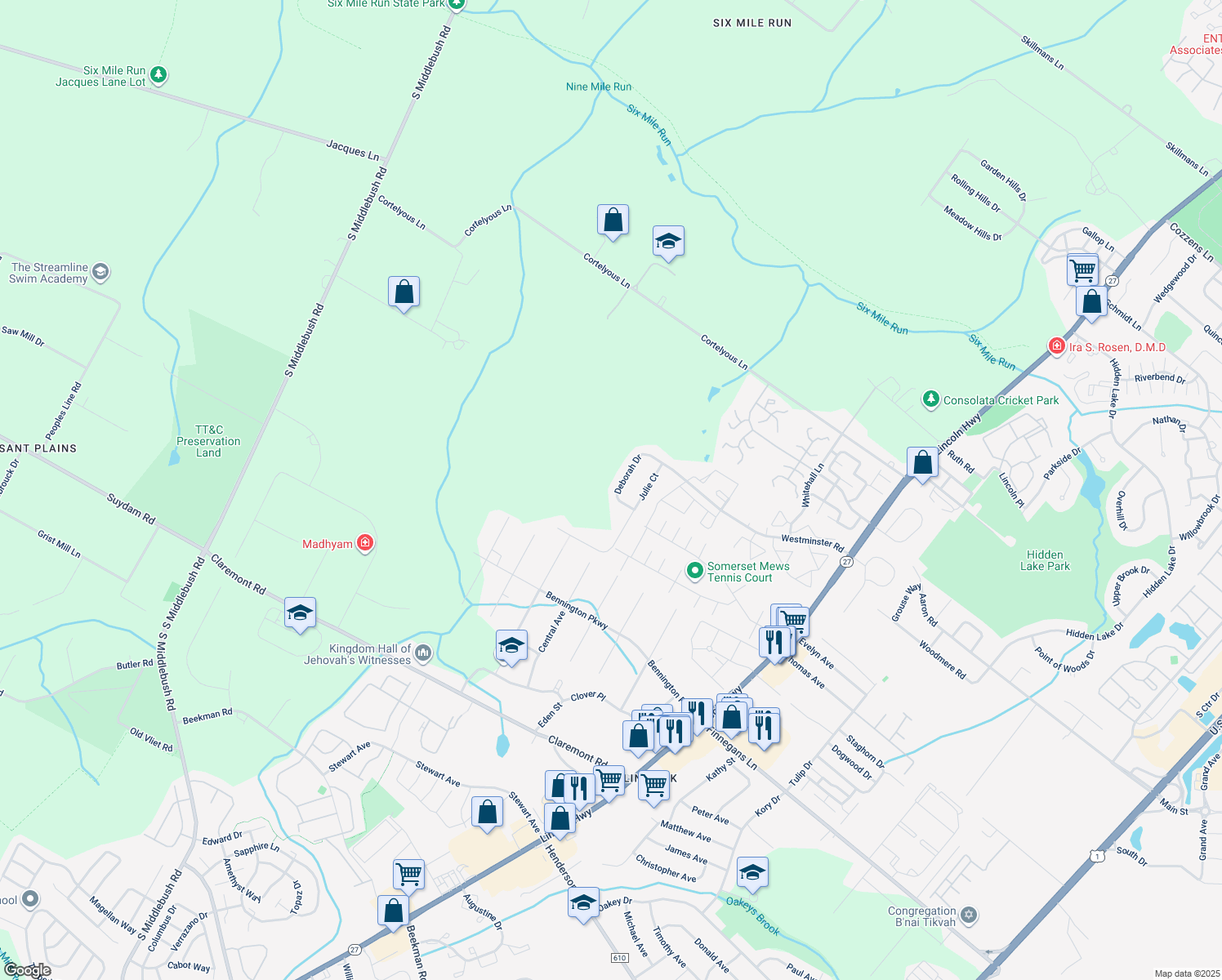 map of restaurants, bars, coffee shops, grocery stores, and more near 24 Deborah Drive in Franklin Township