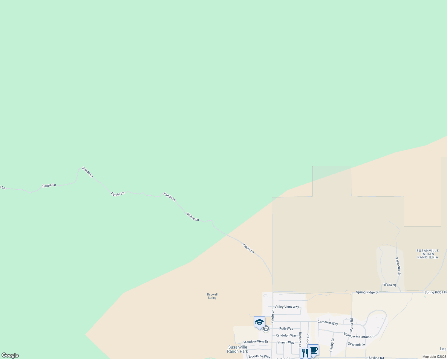 map of restaurants, bars, coffee shops, grocery stores, and more near 480-505 Paiute Lane in Susanville