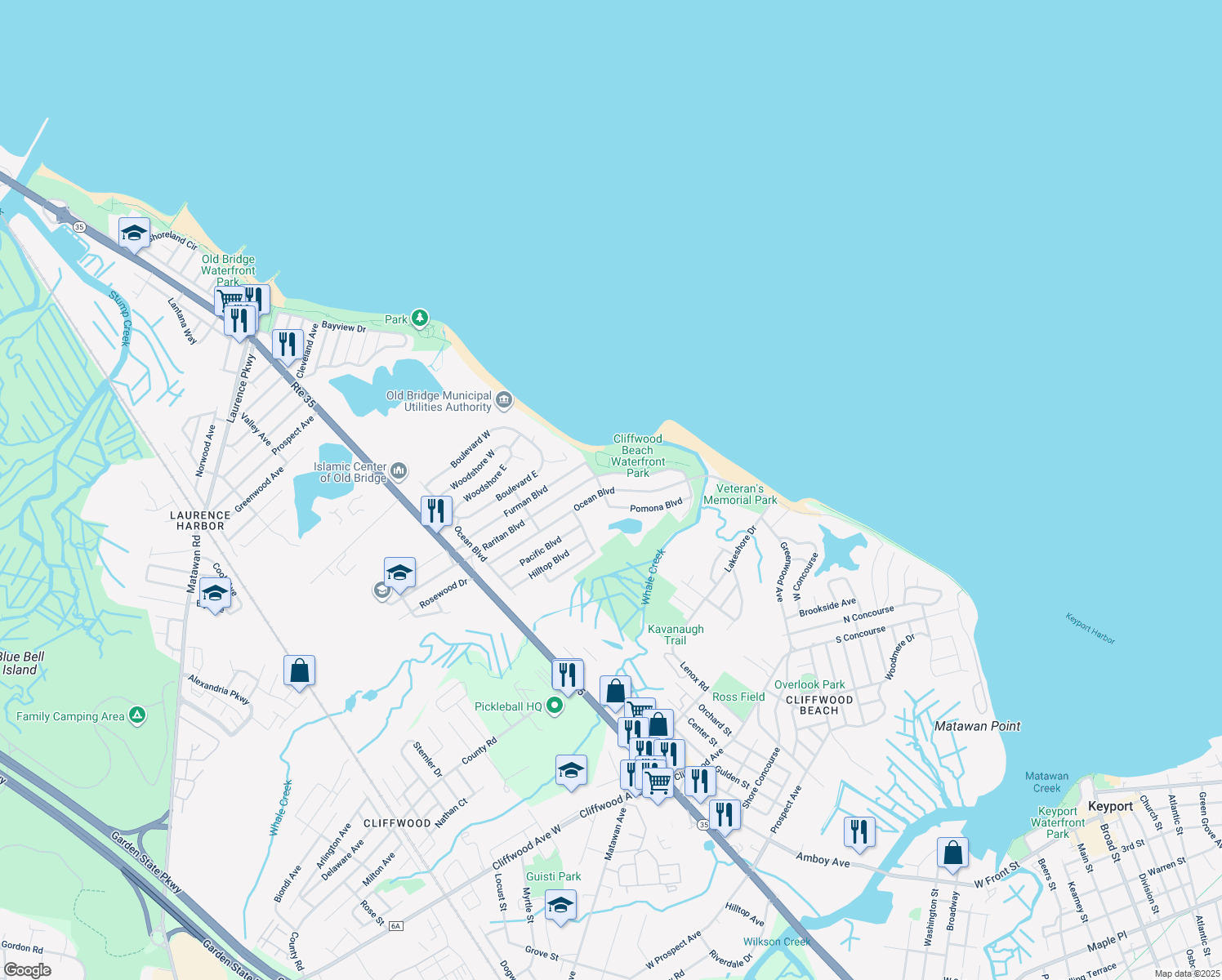 map of restaurants, bars, coffee shops, grocery stores, and more near 404 Ocean Boulevard in Keyport
