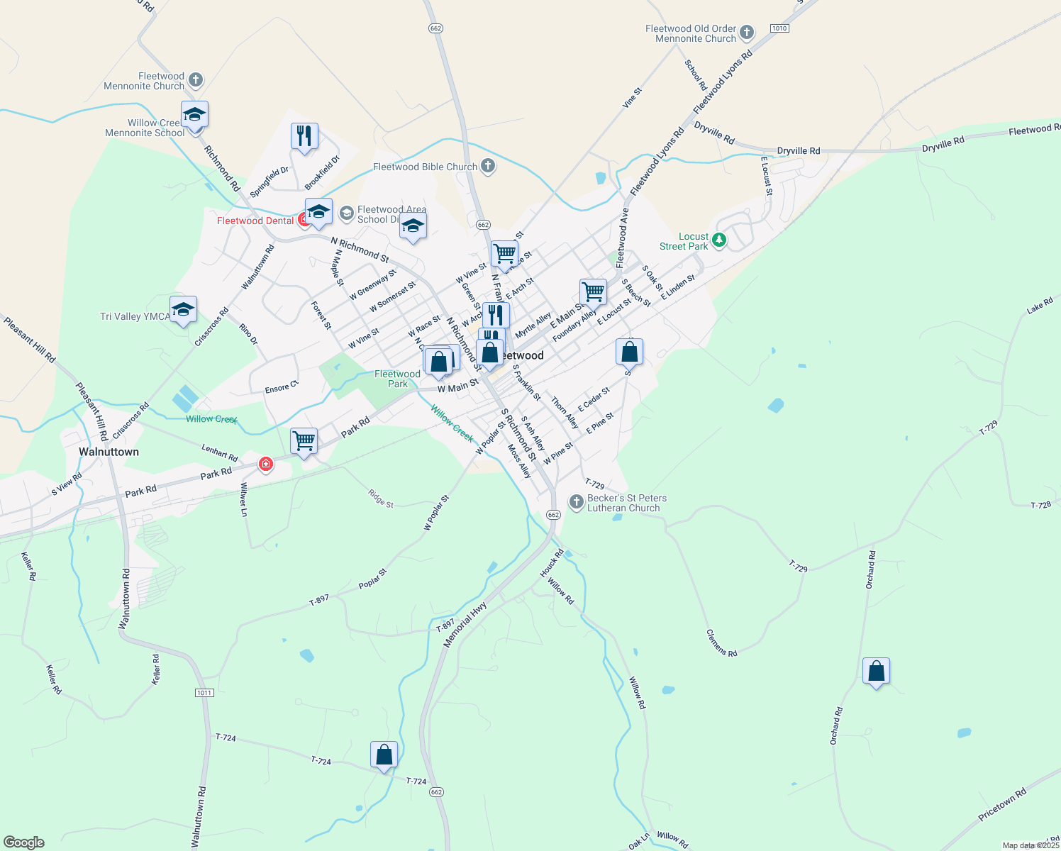 map of restaurants, bars, coffee shops, grocery stores, and more near 28 West Spruce Street in Fleetwood
