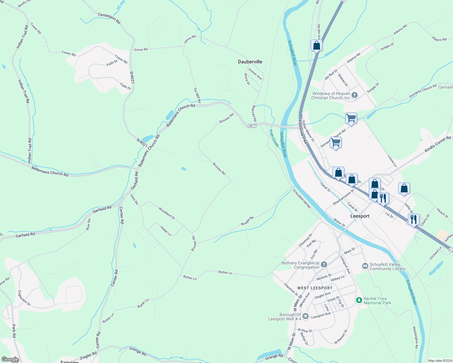 map of restaurants, bars, coffee shops, grocery stores, and more near 808 Bossler Road in Leesport