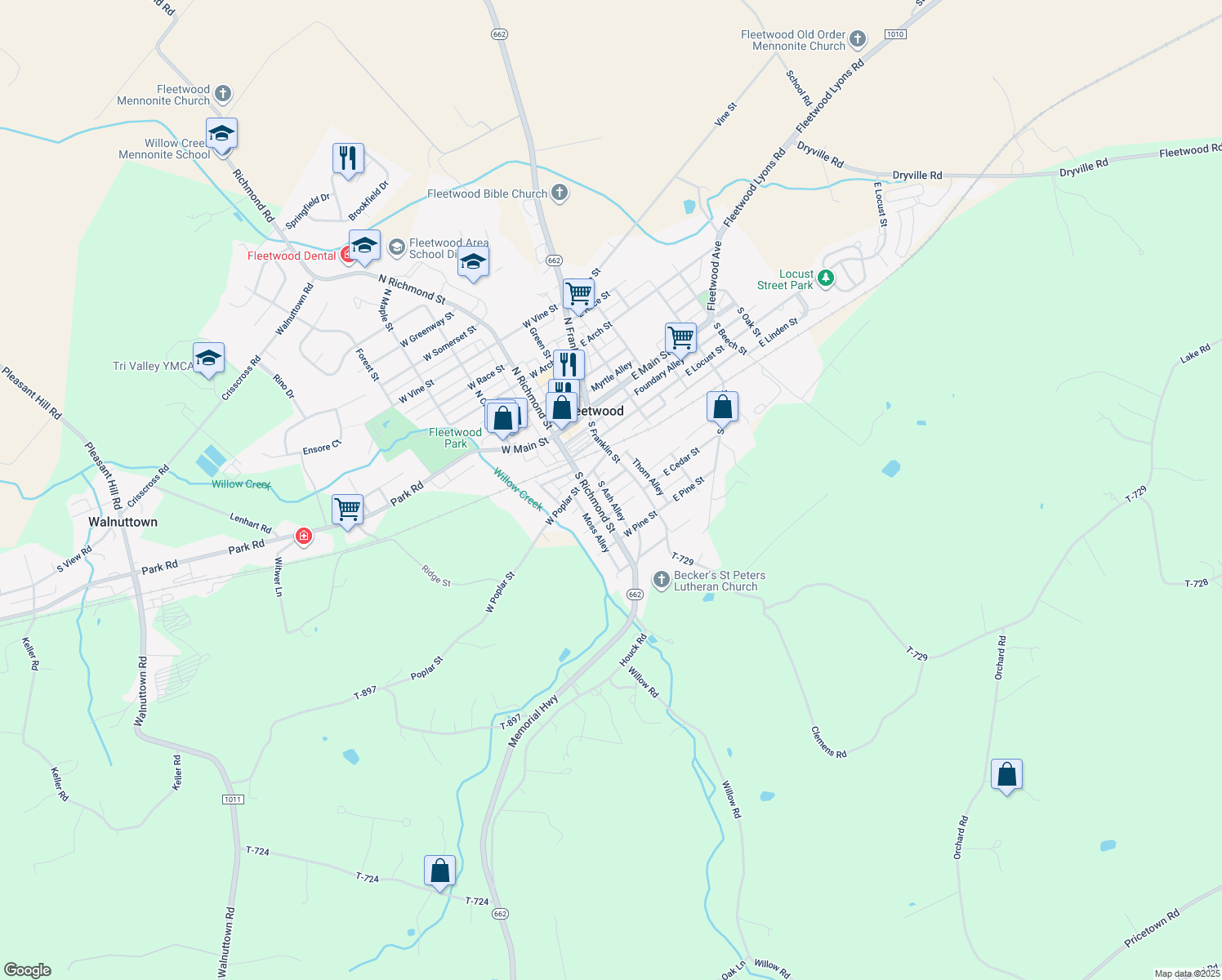 map of restaurants, bars, coffee shops, grocery stores, and more near 24 W Spruce St in Fleetwood