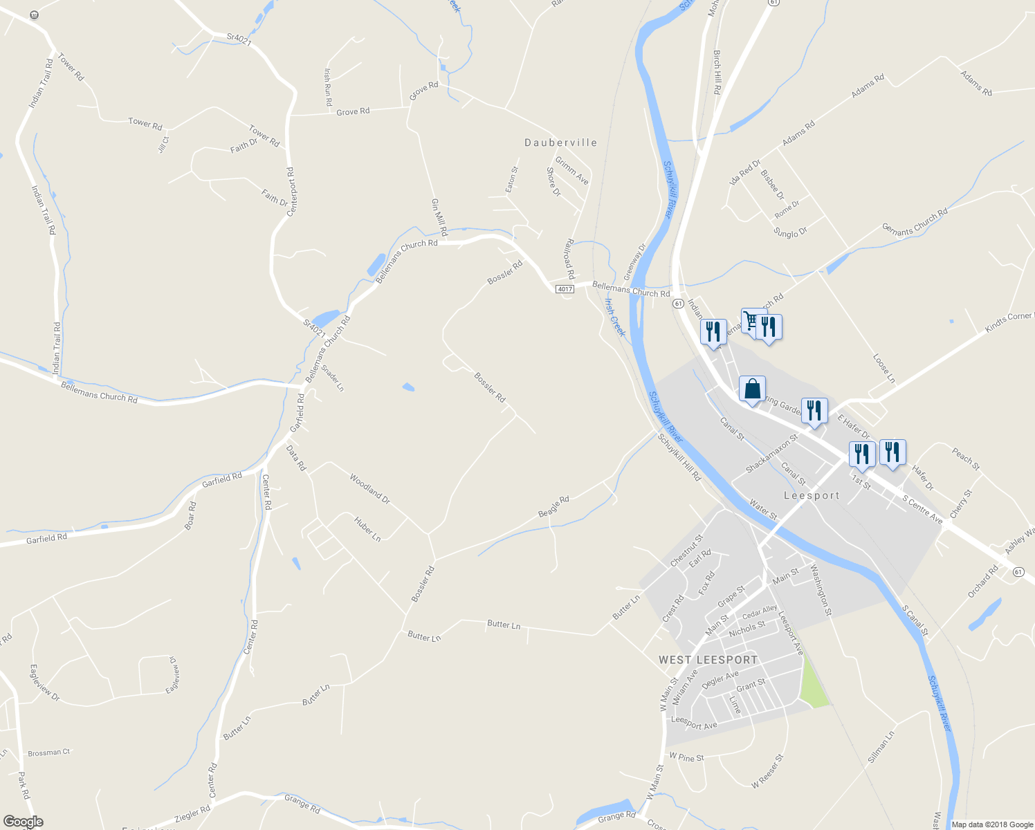 map of restaurants, bars, coffee shops, grocery stores, and more near 1177 Bossler Road in Leesport