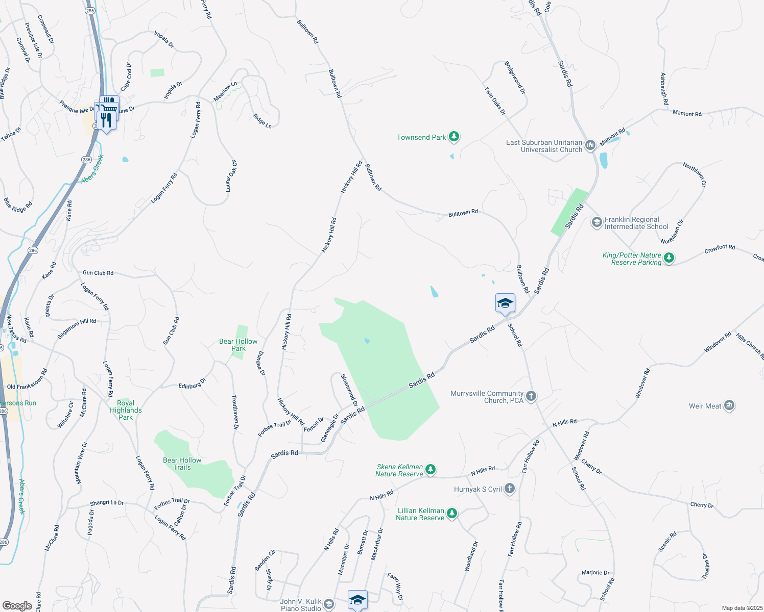map of restaurants, bars, coffee shops, grocery stores, and more near 3804 Sardis Road in Murrysville