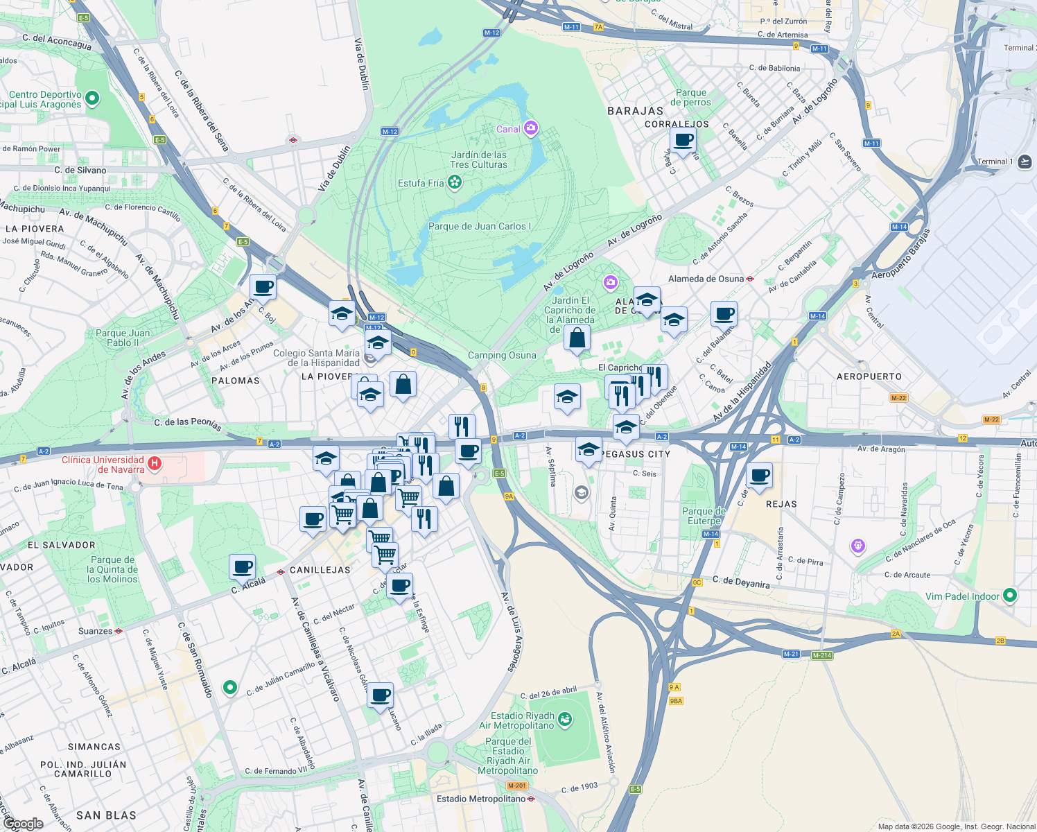 map of restaurants, bars, coffee shops, grocery stores, and more near 115 Avenida de América in Madrid